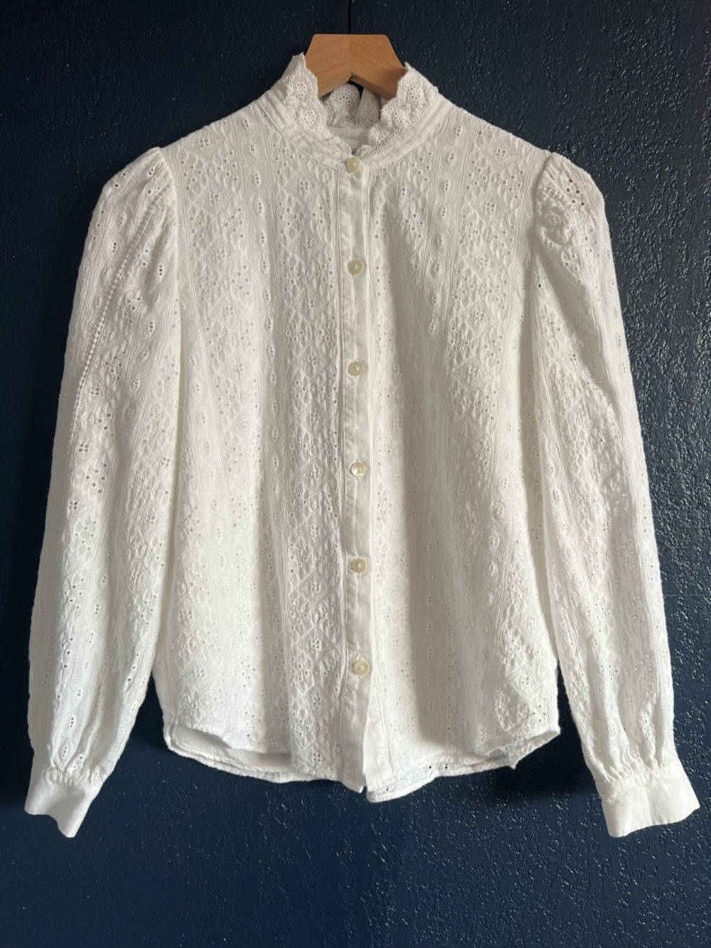 Petite Studio White Eyelet Embroidered Button Front Long Sleeve Blouse - Picture 2 of 6